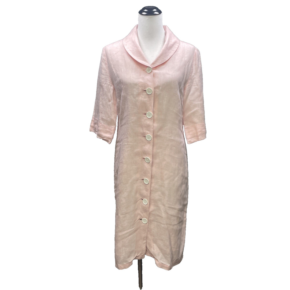 Island Company 100% Linen Shirt Dress Pink Size 4 Btn Front Midi Coastal Classic